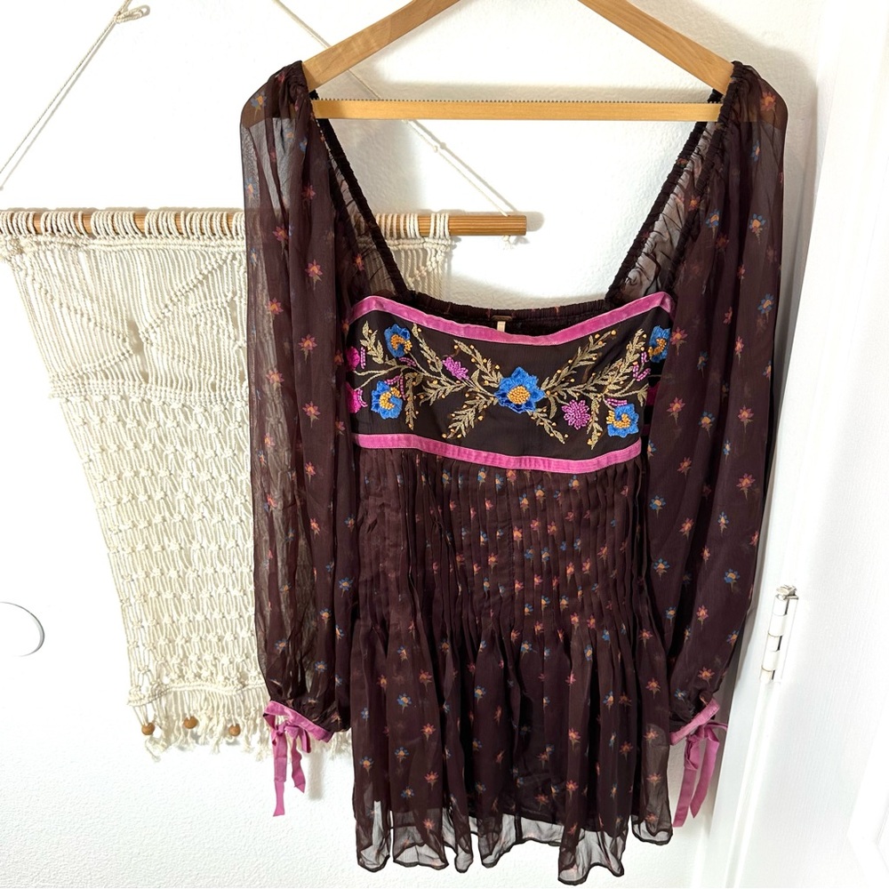 Free People Through the Meadow Bohemian Floral Brown Embroidered Mini Dress M